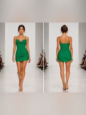 PrettyLittleThing Green Ruched Cut-Out Mini Dress Like New - US 2